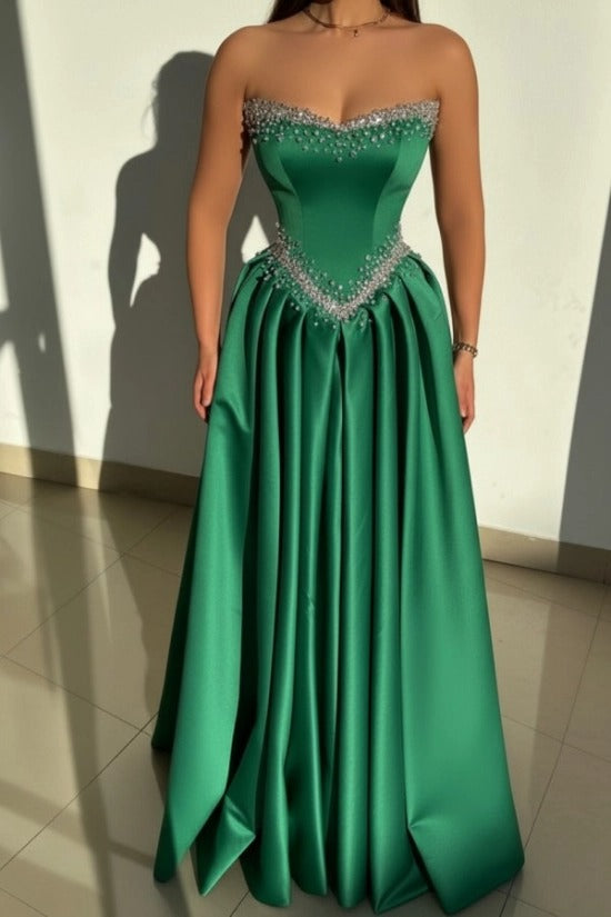 Strapless Illusion Sweetheart Crystal Beaded Border V-Shape Crystal Waist Belt Satin Boned Corset A-Line Ball Gown Evening Dress Sweep Train