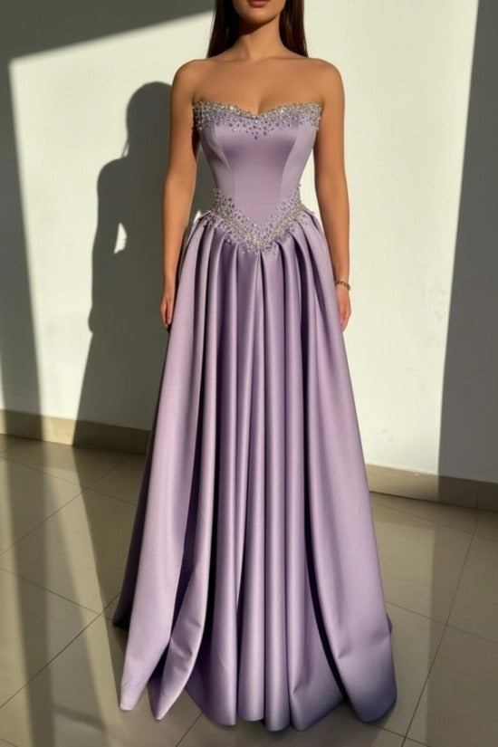 Strapless Illusion Sweetheart Crystal Beaded Border V-Shape Crystal Waist Belt Satin Boned Corset A-Line Ball Gown Evening Dress Sweep Train