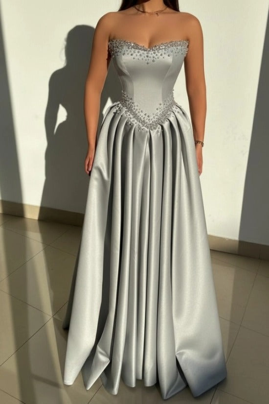 Strapless Illusion Sweetheart Crystal Beaded Border V-Shape Crystal Waist Belt Satin Boned Corset A-Line Ball Gown Evening Dress Sweep Train