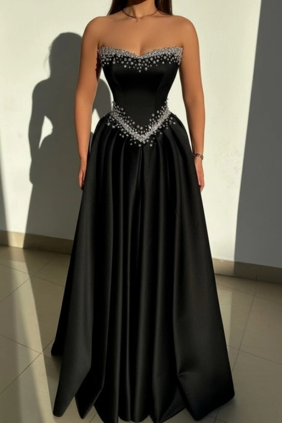 Strapless Illusion Sweetheart Crystal Beaded Border V-Shape Crystal Waist Belt Satin Boned Corset A-Line Ball Gown Evening Dress Sweep Train