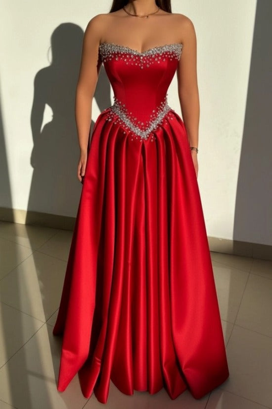 Strapless Illusion Sweetheart Crystal Beaded Border V-Shape Crystal Waist Belt Satin Boned Corset A-Line Ball Gown Evening Dress Sweep Train