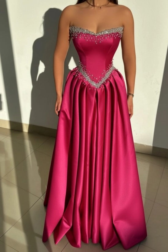 Strapless Illusion Sweetheart Crystal Beaded Border V-Shape Crystal Waist Belt Satin Boned Corset A-Line Ball Gown Evening Dress Sweep Train