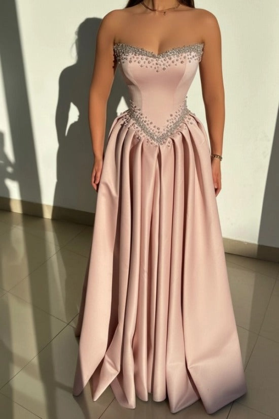 Strapless Illusion Sweetheart Crystal Beaded Border V-Shape Crystal Waist Belt Satin Boned Corset A-Line Ball Gown Evening Dress Sweep Train