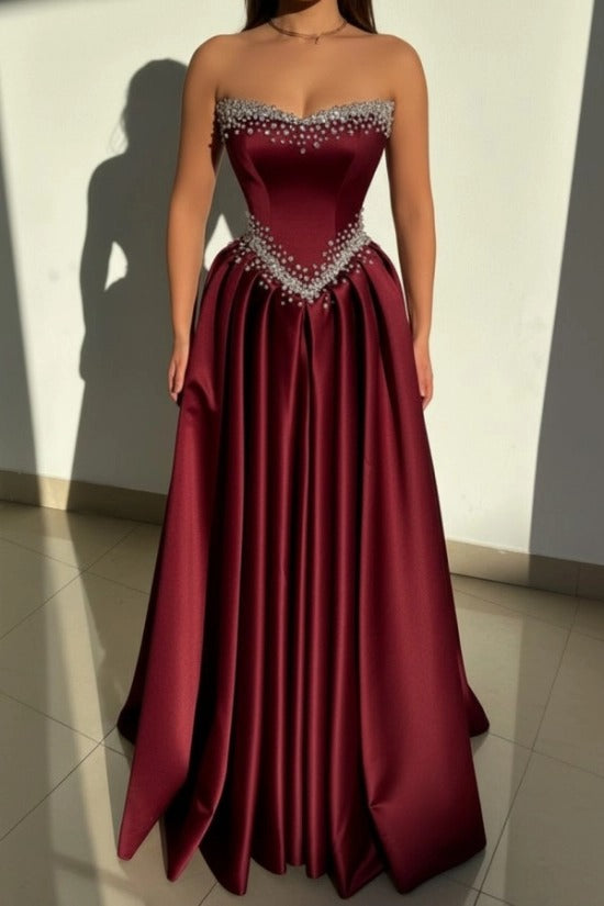 Strapless Illusion Sweetheart Crystal Beaded Border V-Shape Crystal Waist Belt Satin Boned Corset A-Line Ball Gown Evening Dress Sweep Train