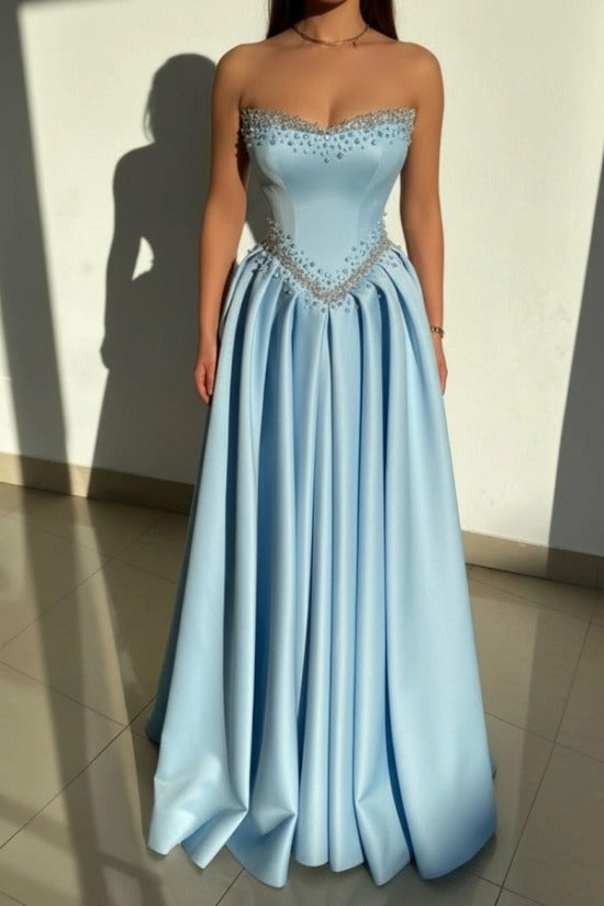 Strapless Illusion Sweetheart Crystal Beaded Border V-Shape Crystal Waist Belt Satin Boned Corset A-Line Ball Gown Evening Dress Sweep Train