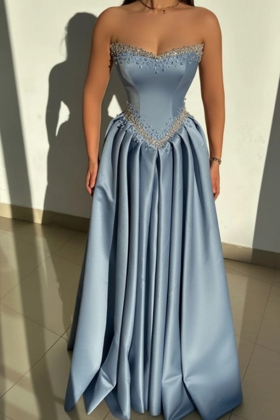 Strapless Illusion Sweetheart Crystal Beaded Border V-Shape Crystal Waist Belt Satin Boned Corset A-Line Ball Gown Evening Dress Sweep Train