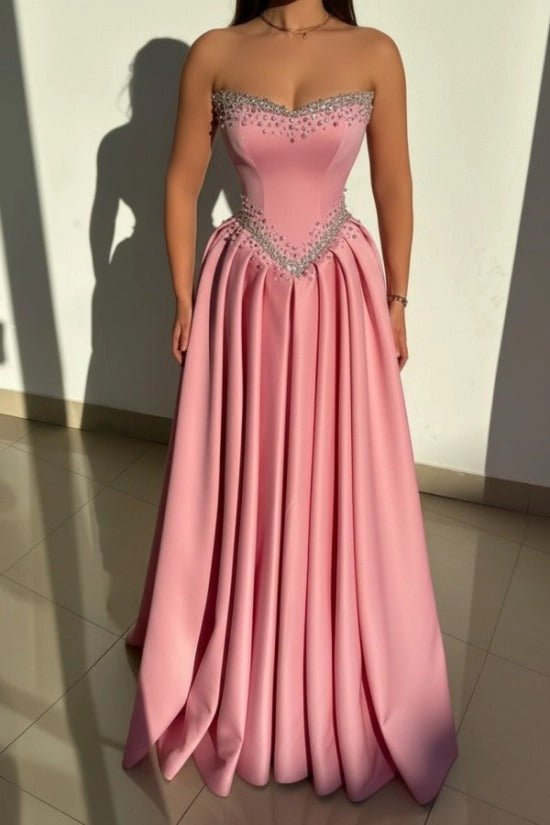 Strapless Illusion Sweetheart Crystal Beaded Border V-Shape Crystal Waist Belt Satin Boned Corset A-Line Ball Gown Evening Dress Sweep Train