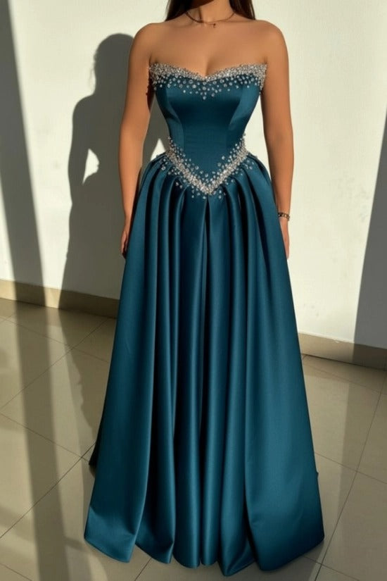 Strapless Illusion Sweetheart Crystal Beaded Border V-Shape Crystal Waist Belt Satin Boned Corset A-Line Ball Gown Evening Dress Sweep Train