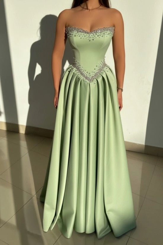 Strapless Illusion Sweetheart Crystal Beaded Border V-Shape Crystal Waist Belt Satin Boned Corset A-Line Ball Gown Evening Dress Sweep Train