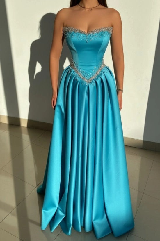 Strapless Illusion Sweetheart Crystal Beaded Border V-Shape Crystal Waist Belt Satin Boned Corset A-Line Ball Gown Evening Dress Sweep Train