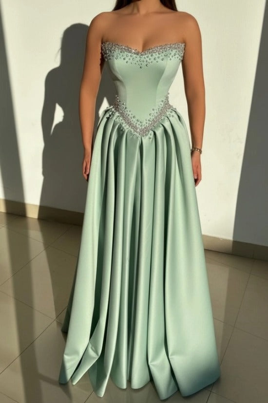 Strapless Illusion Sweetheart Crystal Beaded Border V-Shape Crystal Waist Belt Satin Boned Corset A-Line Ball Gown Evening Dress Sweep Train