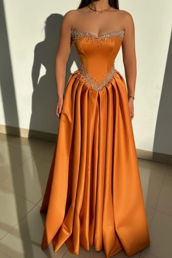 Strapless Illusion Sweetheart Crystal Beaded Border V-Shape Crystal Waist Belt Satin Boned Corset A-Line Ball Gown Evening Dress Sweep Train