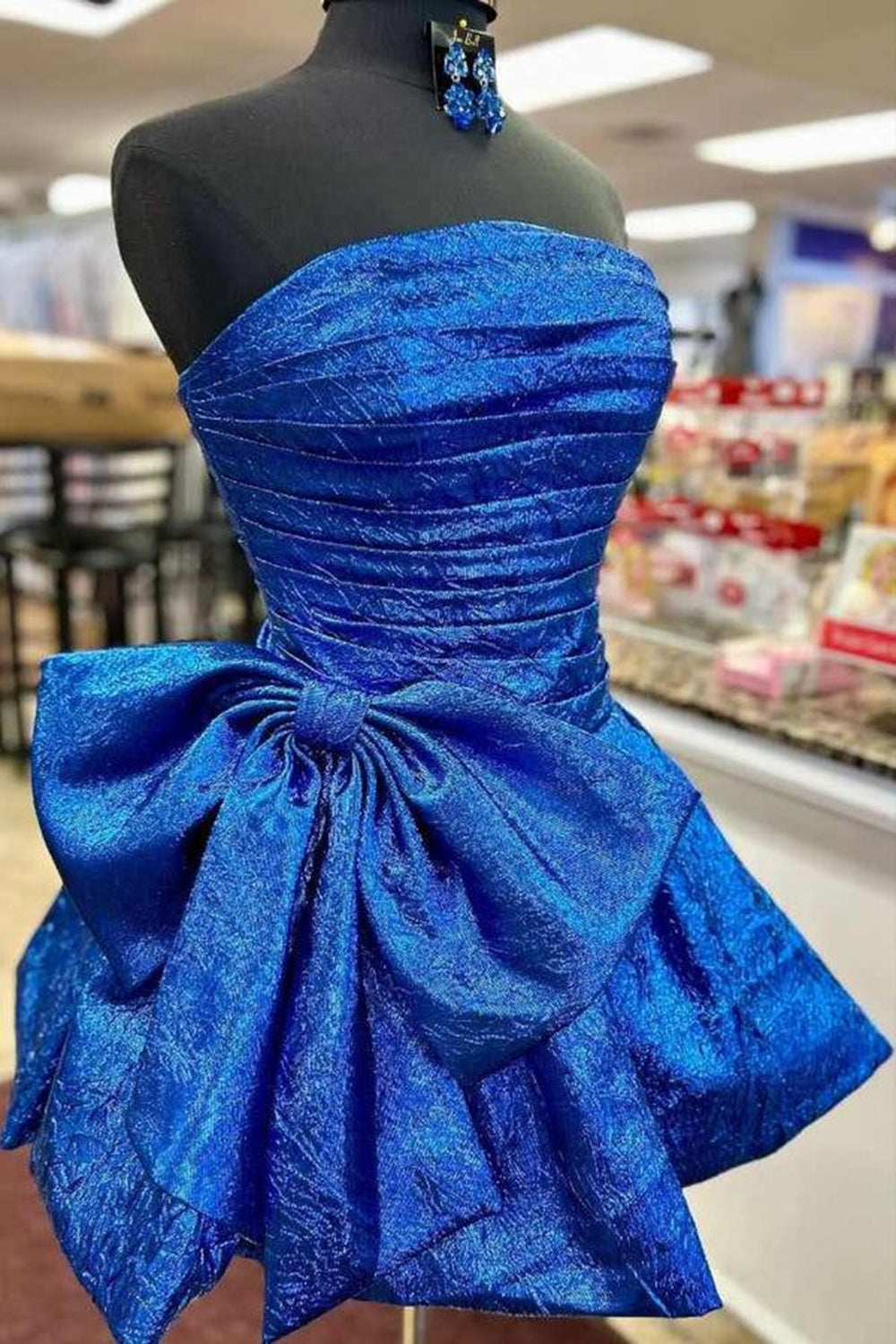 Strapless Iridescent Satin Ruched Oversized Bow Flared A-Line Homecoming Dress Mini