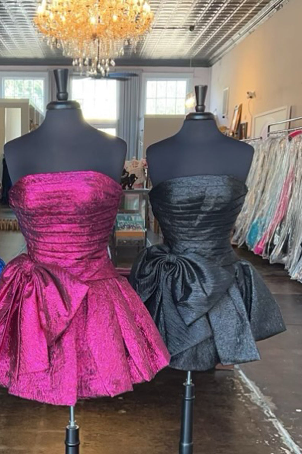 Strapless Iridescent Satin Ruched Oversized Bow Flared A-Line Homecoming Dress Mini