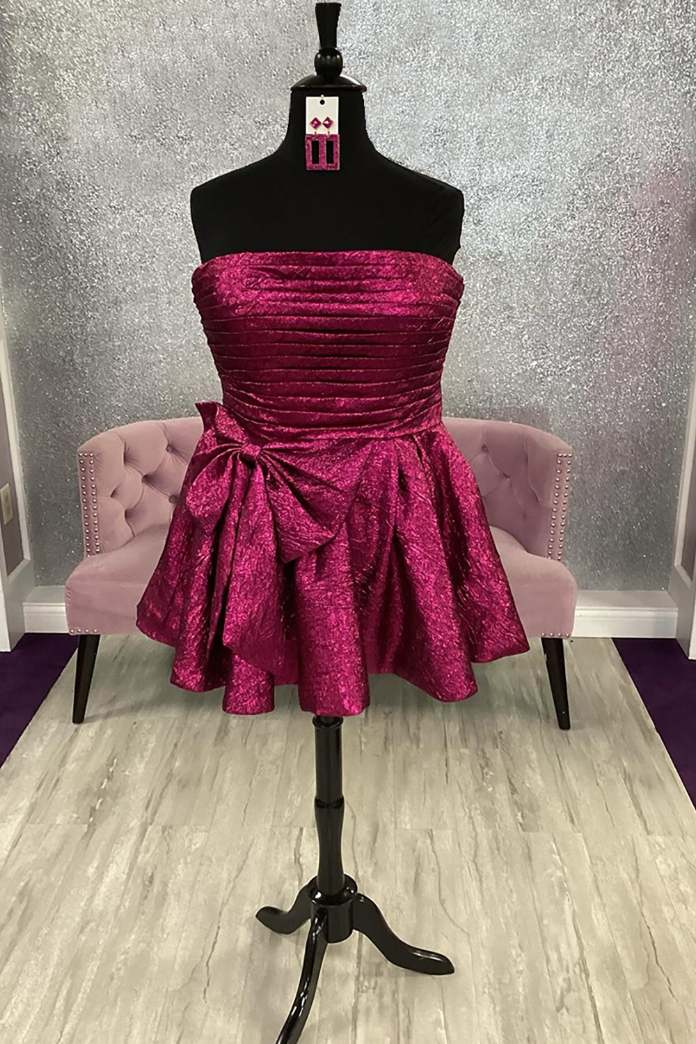 Strapless Iridescent Satin Ruched Oversized Bow Flared A-Line Homecoming Dress Mini