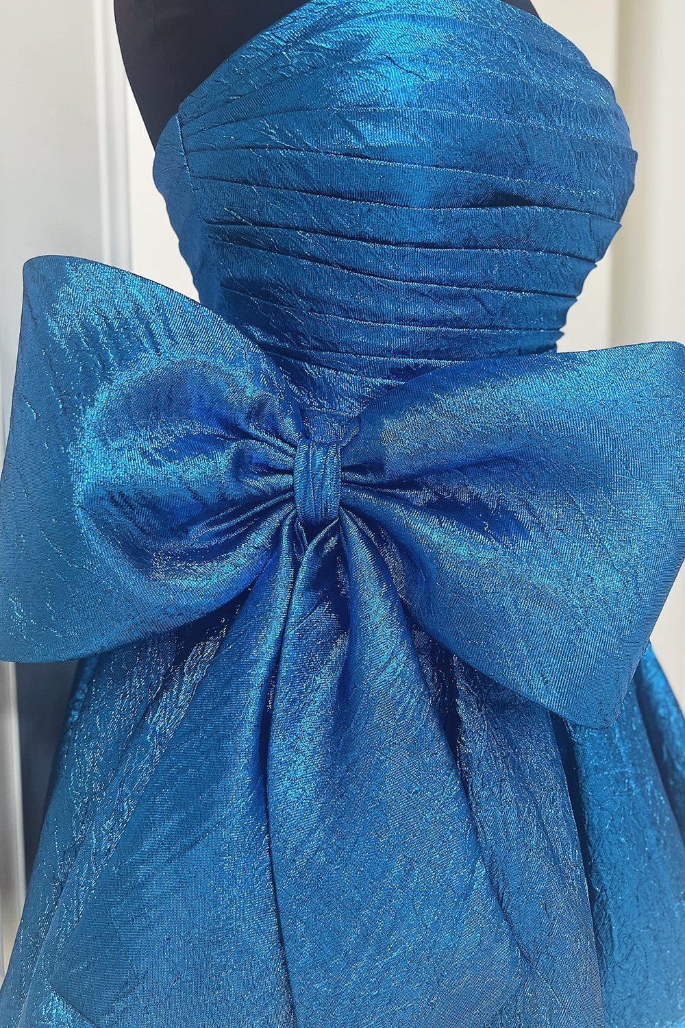 Strapless Iridescent Satin Ruched Oversized Bow Flared A-Line Homecoming Dress Mini