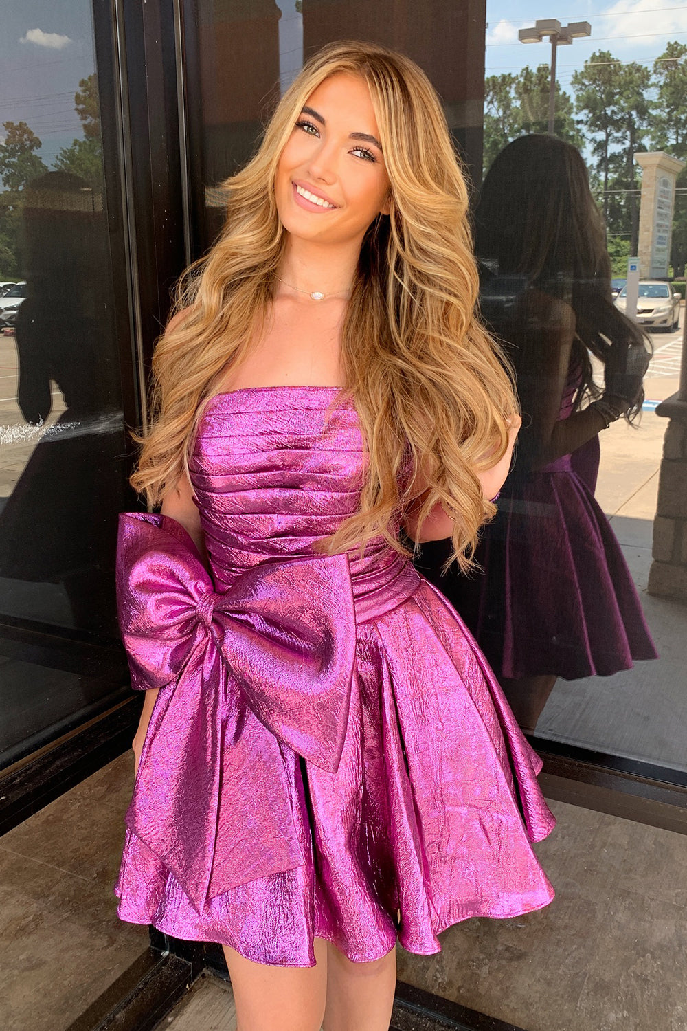 Strapless Iridescent Satin Ruched Oversized Bow Flared A-Line Homecoming Dress Mini