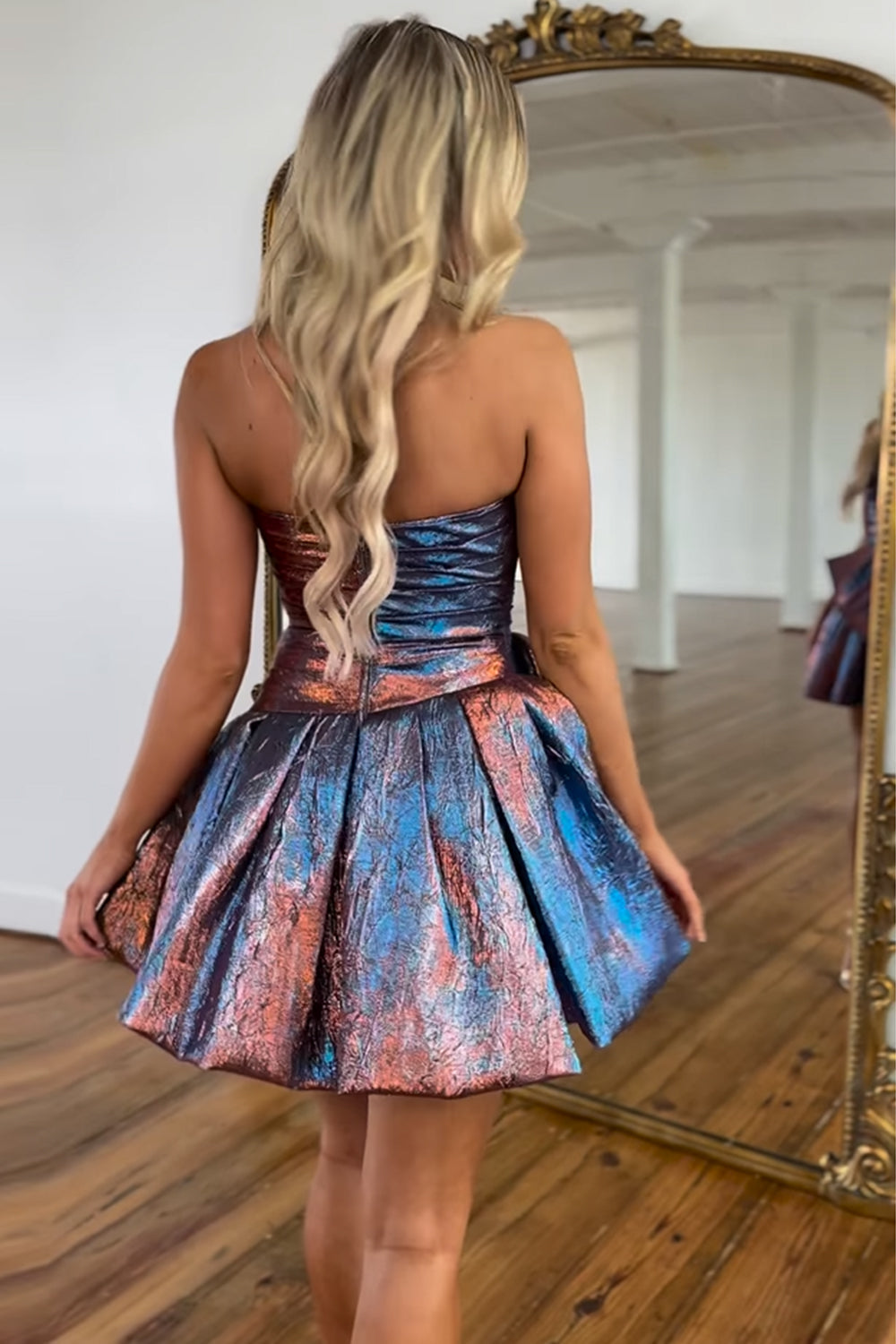 Strapless Iridescent Satin Ruched Oversized Bow Flared A-Line Homecoming Dress Mini