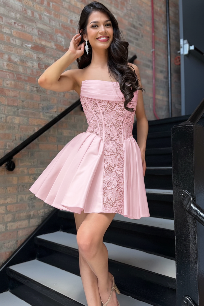 Strapless Lace Illusion Boned Corset Satin Pleated A-Line Homecoming Dress Mini