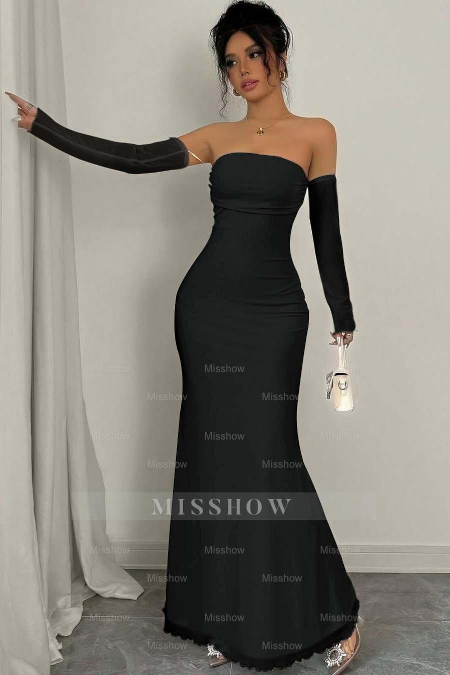 Strapless Long Mermaid Formal Dress With Detachable Sleeves Pleated