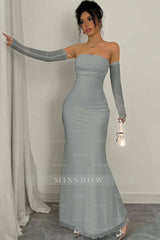 Strapless Long Mermaid Formal Dress With Detachable Sleeves Pleated