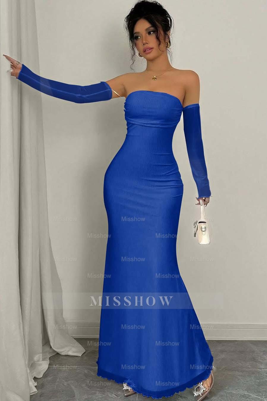 Strapless Long Mermaid Formal Dress With Detachable Sleeves Pleated