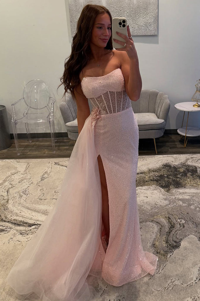 Strapless Long Mermaid Prom Dress in Light Pink with Sequin Corset and Slit Strapless Long Mermaid Prom Dress in Light Pink with Sequin Corset and Slit