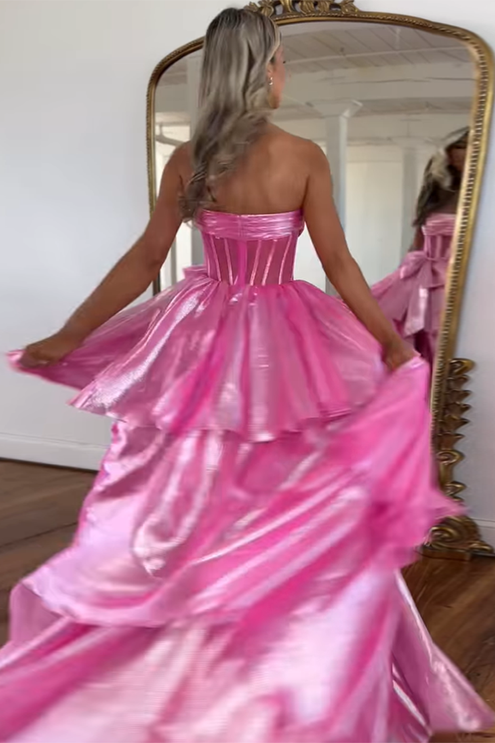 Strapless Long Pink Corset Prom Dress with A Line Tiered Skirt and Slit