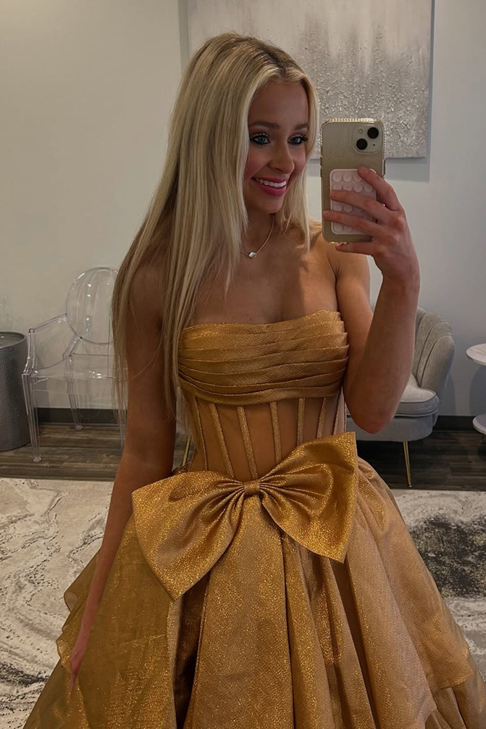 Strapless Long Pink Corset Prom Dress with A Line Tiered Skirt and Slit