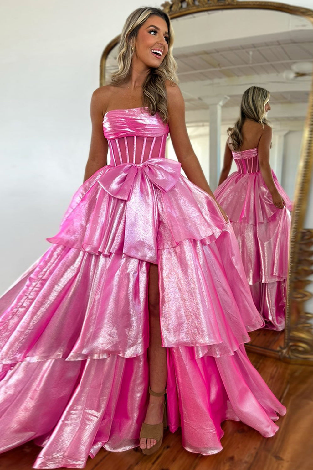 Strapless Long Pink Corset Prom Dress with A Line Tiered Skirt and Slit