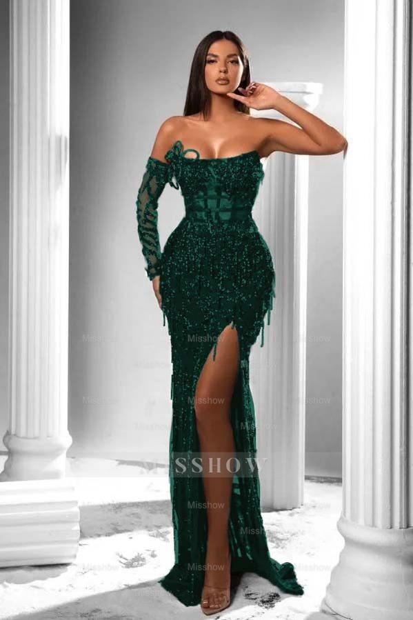Strapless Long Sleeve High Split Long Formal Dress With Appliques