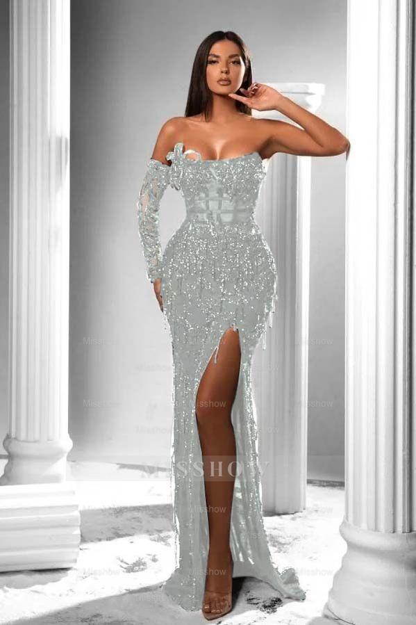 Strapless Long Sleeve High Split Long Formal Dress With Appliques