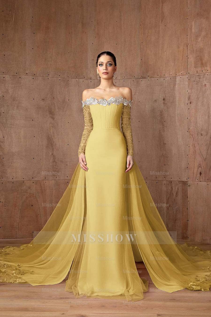 Strapless Long Sleeves Mermaid Long Formal Dress With Appliques