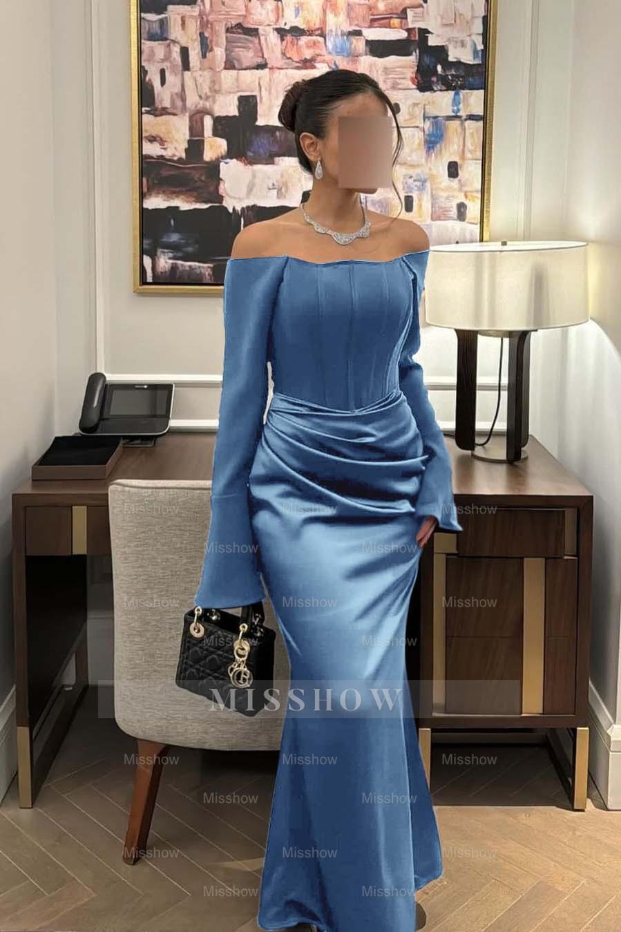 Strapless Long Sleeves Mermaid Long Formal Dress With Pleated