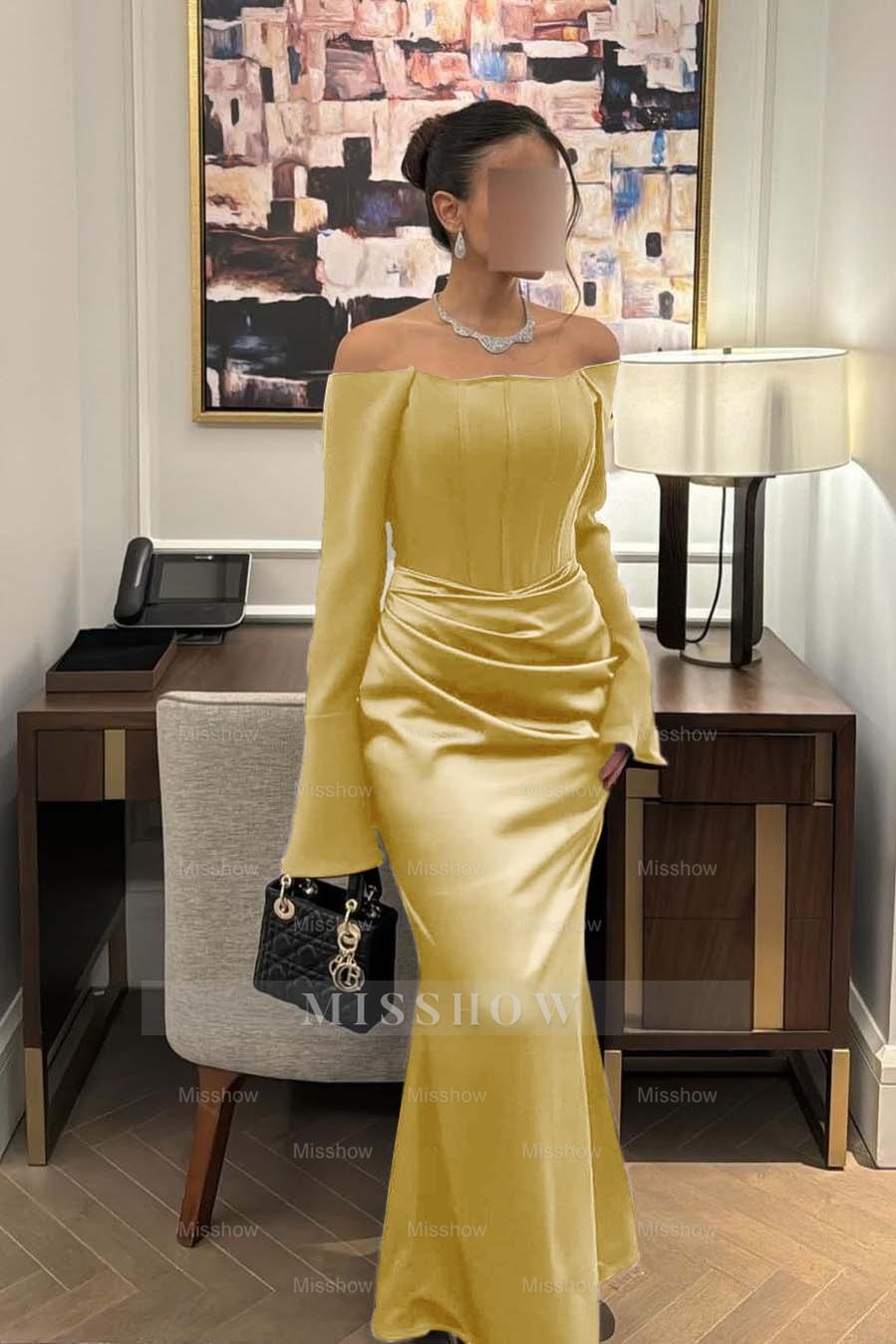 Strapless Long Sleeves Mermaid Long Formal Dress With Pleated