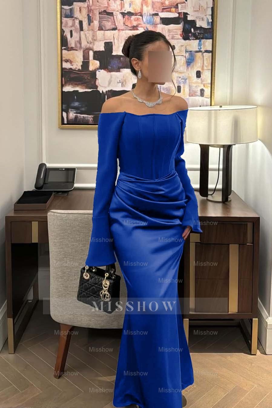 Strapless Long Sleeves Mermaid Long Formal Dress With Pleated