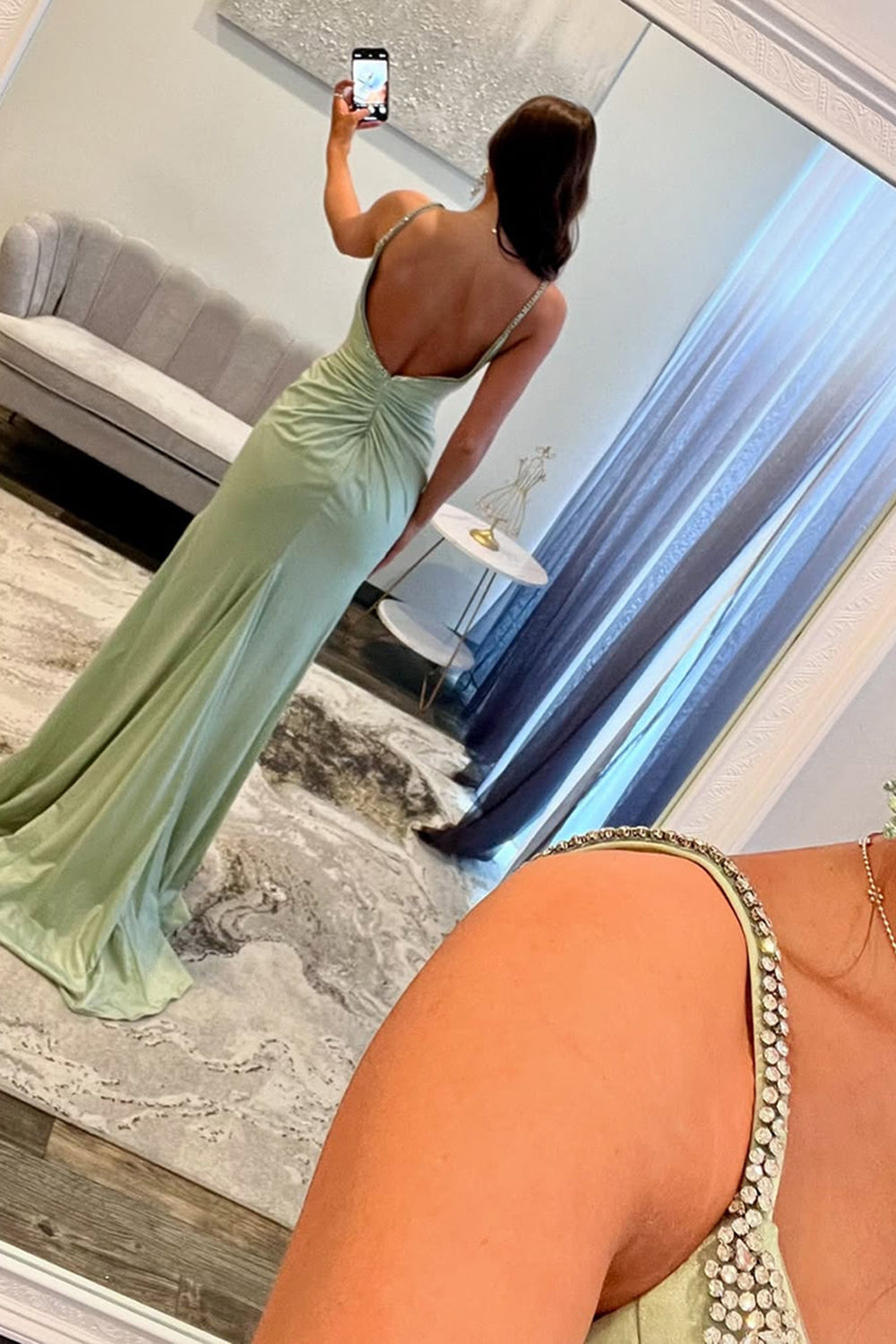 Strapless Mermaid Prom Dress in Light Green with Long Slit and Spaghetti Straps Strapless Mermaid Prom Dress in Light Green with Long Slit and Spaghetti Straps