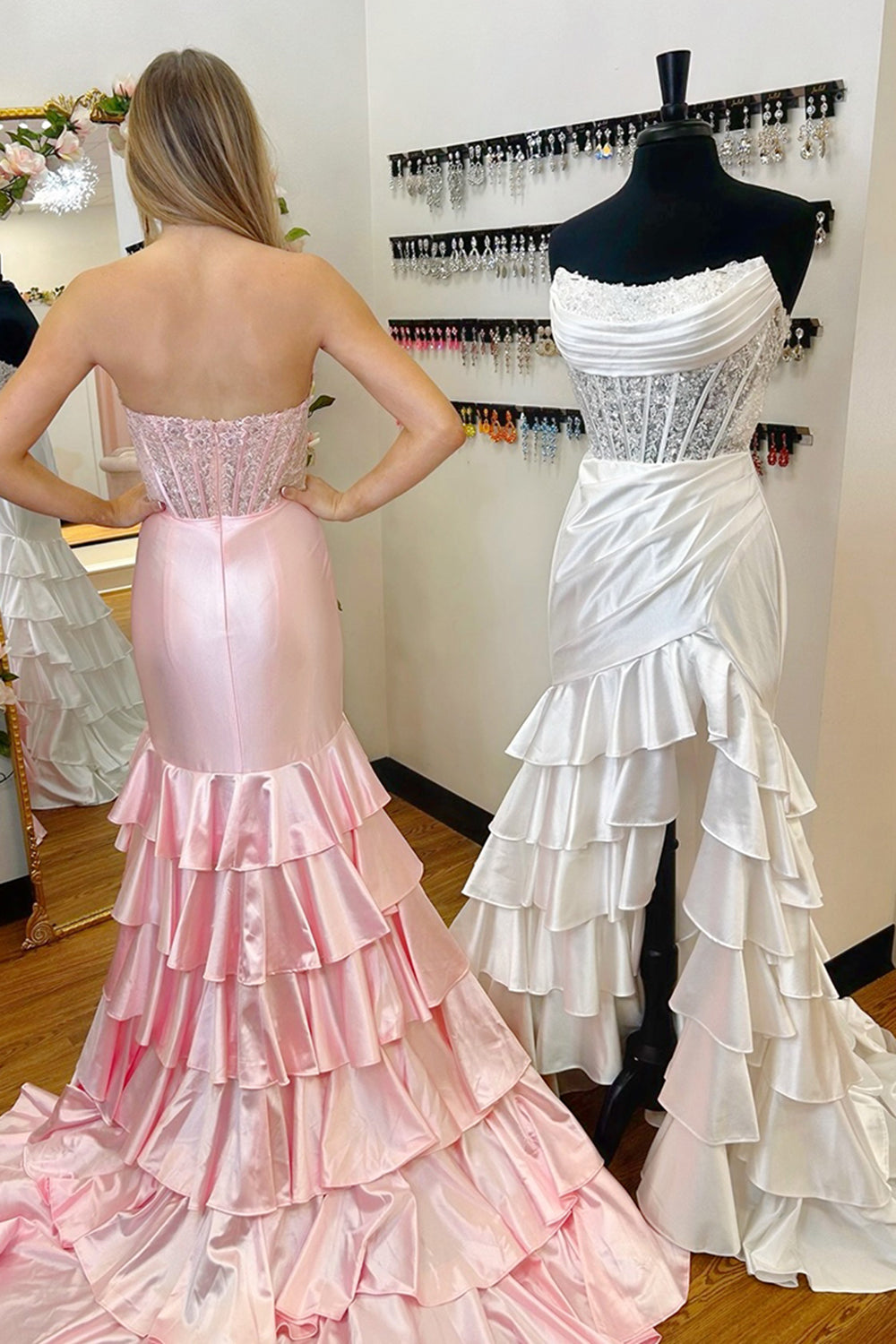 Strapless Mermaid Prom Dress with Glitter Blush Satin and Ruffled Sequins
