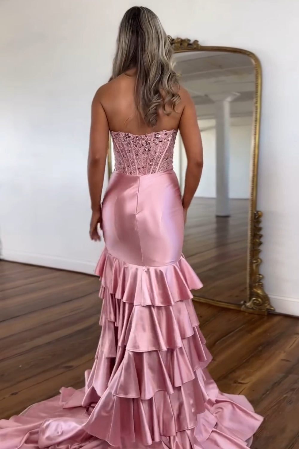 Strapless Mermaid Prom Dress with Glitter Blush Satin and Ruffled Sequins