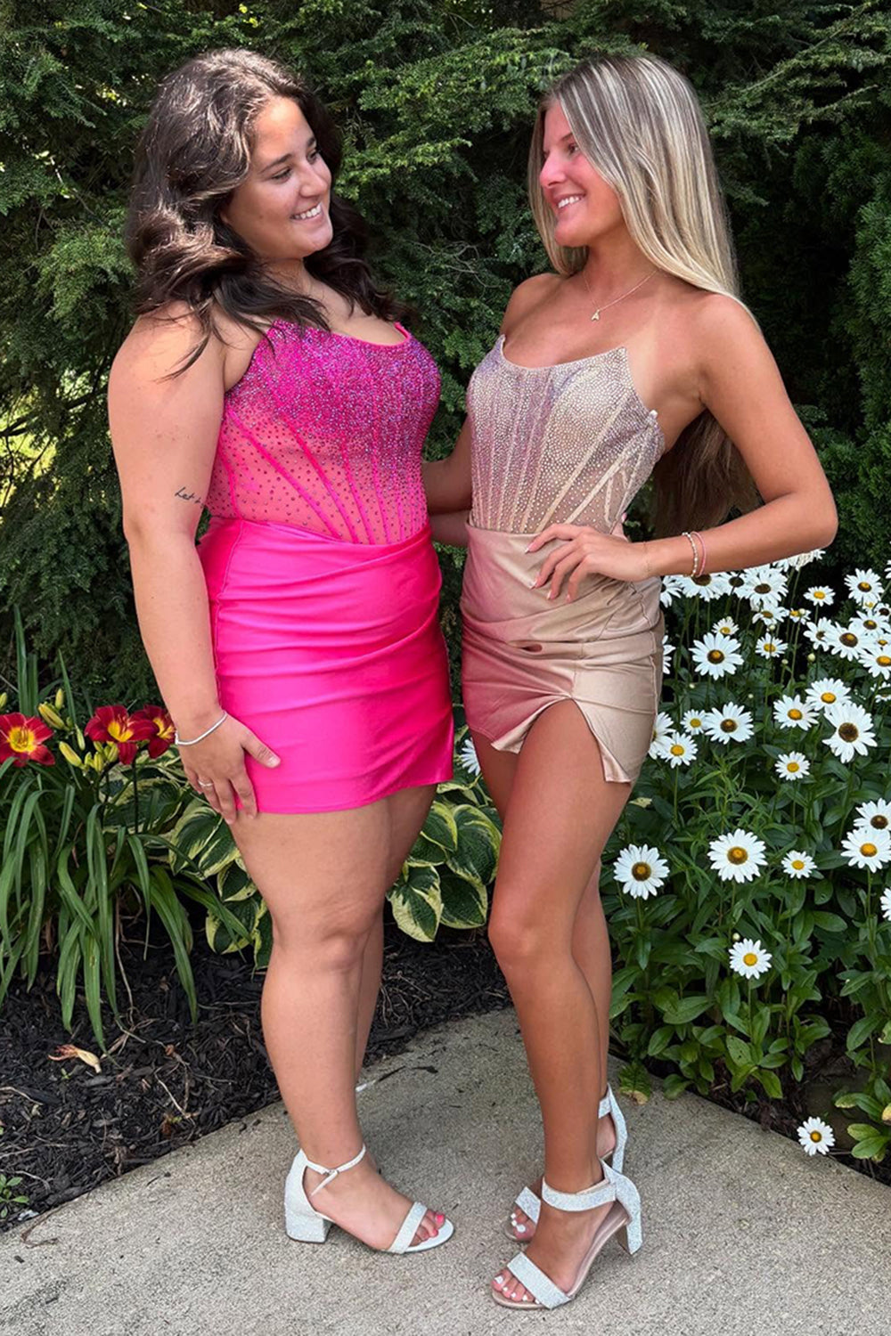 Strapless Ombre Rhinestone Illusion Boned Corset Ruched Wrap Satin Side Slit Bodycon Homecoming Dress Mini