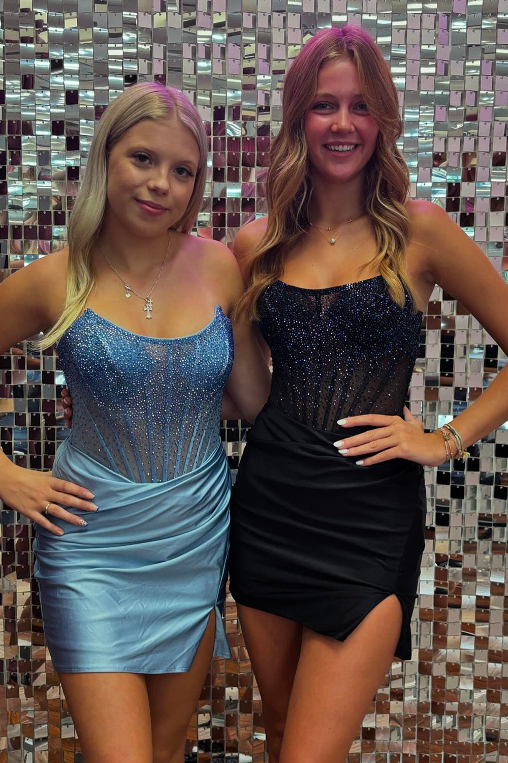 Strapless Ombre Rhinestone Illusion Boned Corset Ruched Wrap Satin Side Slit Bodycon Homecoming Dress Mini