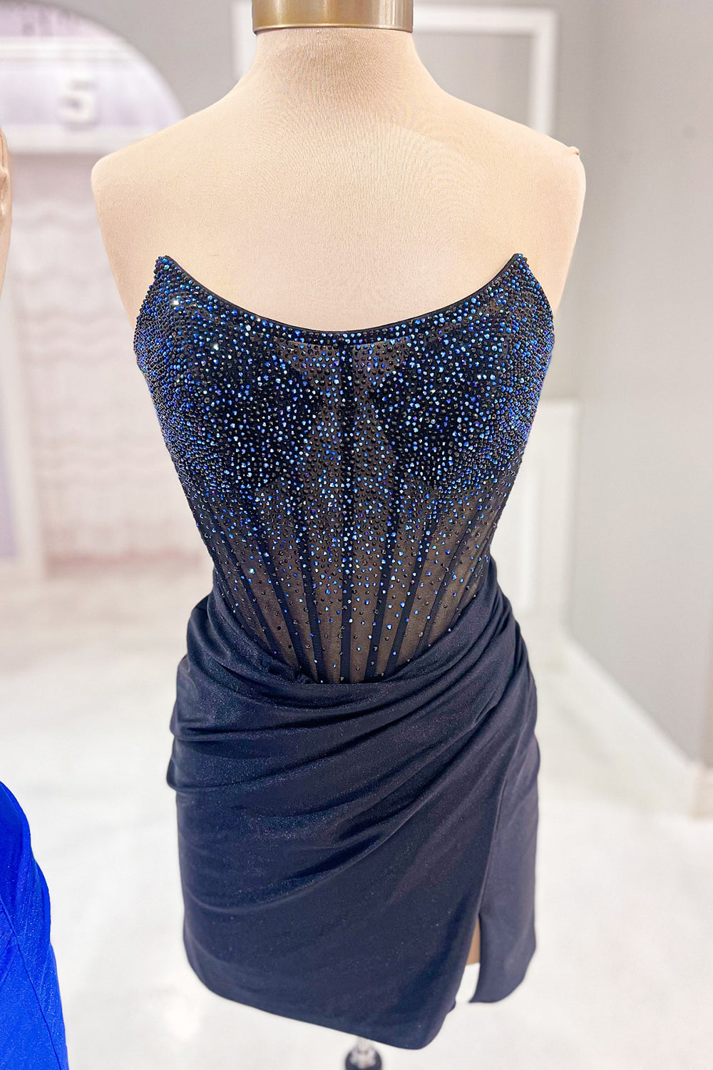 Strapless Ombre Rhinestone Illusion Boned Corset Ruched Wrap Satin Side Slit Bodycon Homecoming Dress Mini