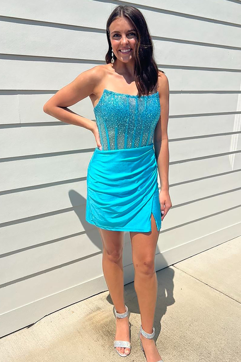 Strapless Ombre Rhinestone Illusion Boned Corset Ruched Wrap Satin Side Slit Bodycon Homecoming Dress Mini