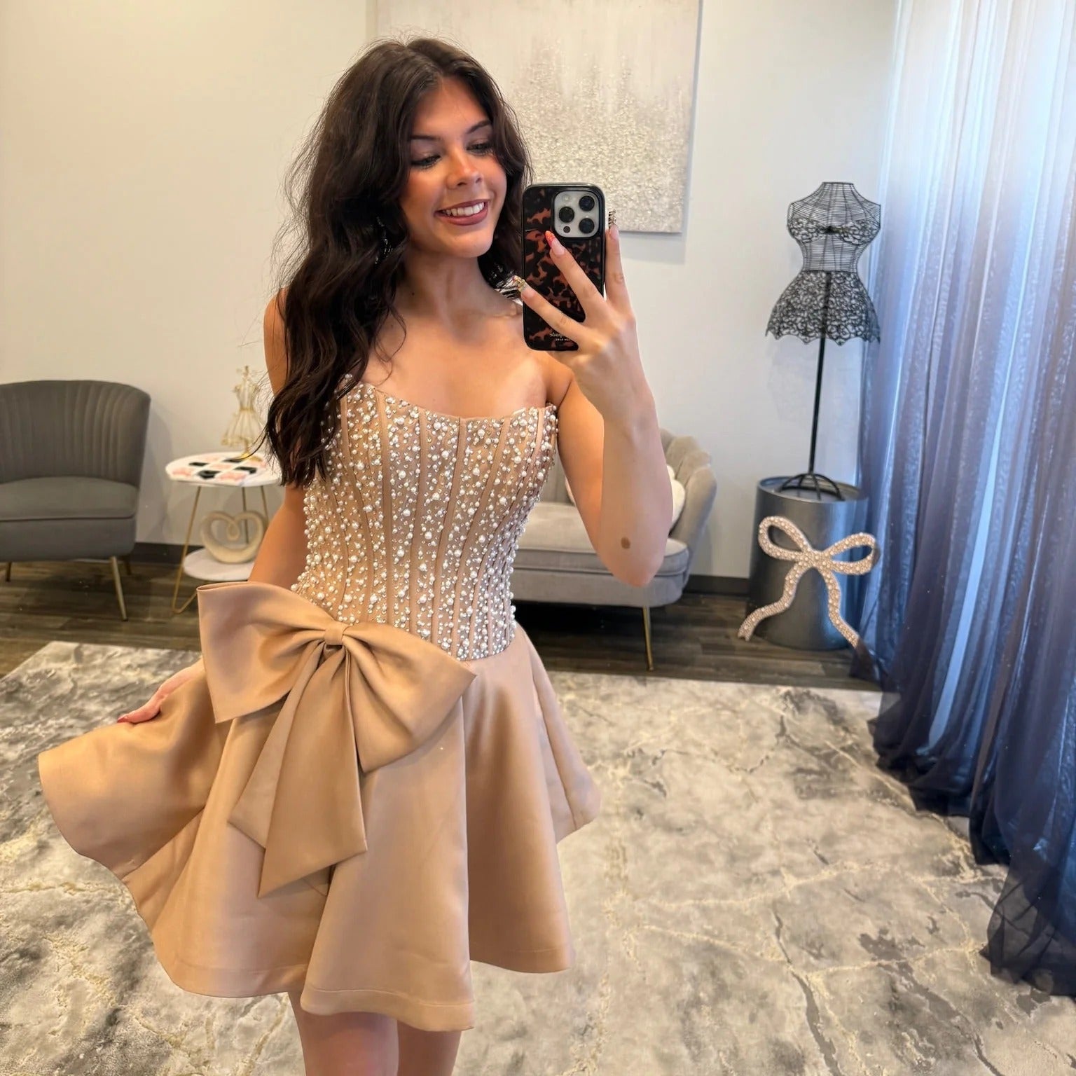 Strapless Pearl Beading Boned Corset Oversized Bow Satin A-Line Homecoming Dress Mini
