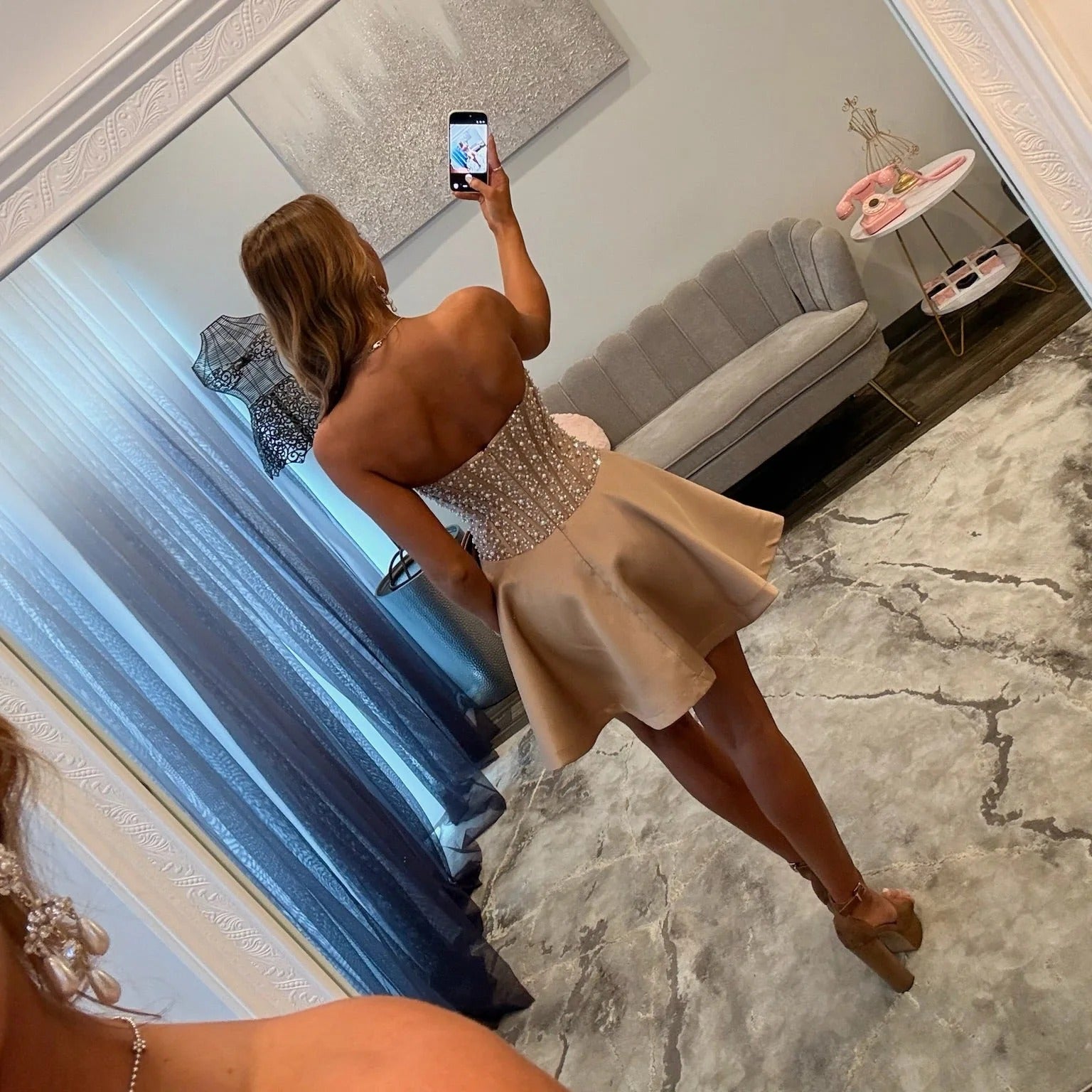 Strapless Pearl Beading Boned Corset Oversized Bow Satin A-Line Homecoming Dress Mini