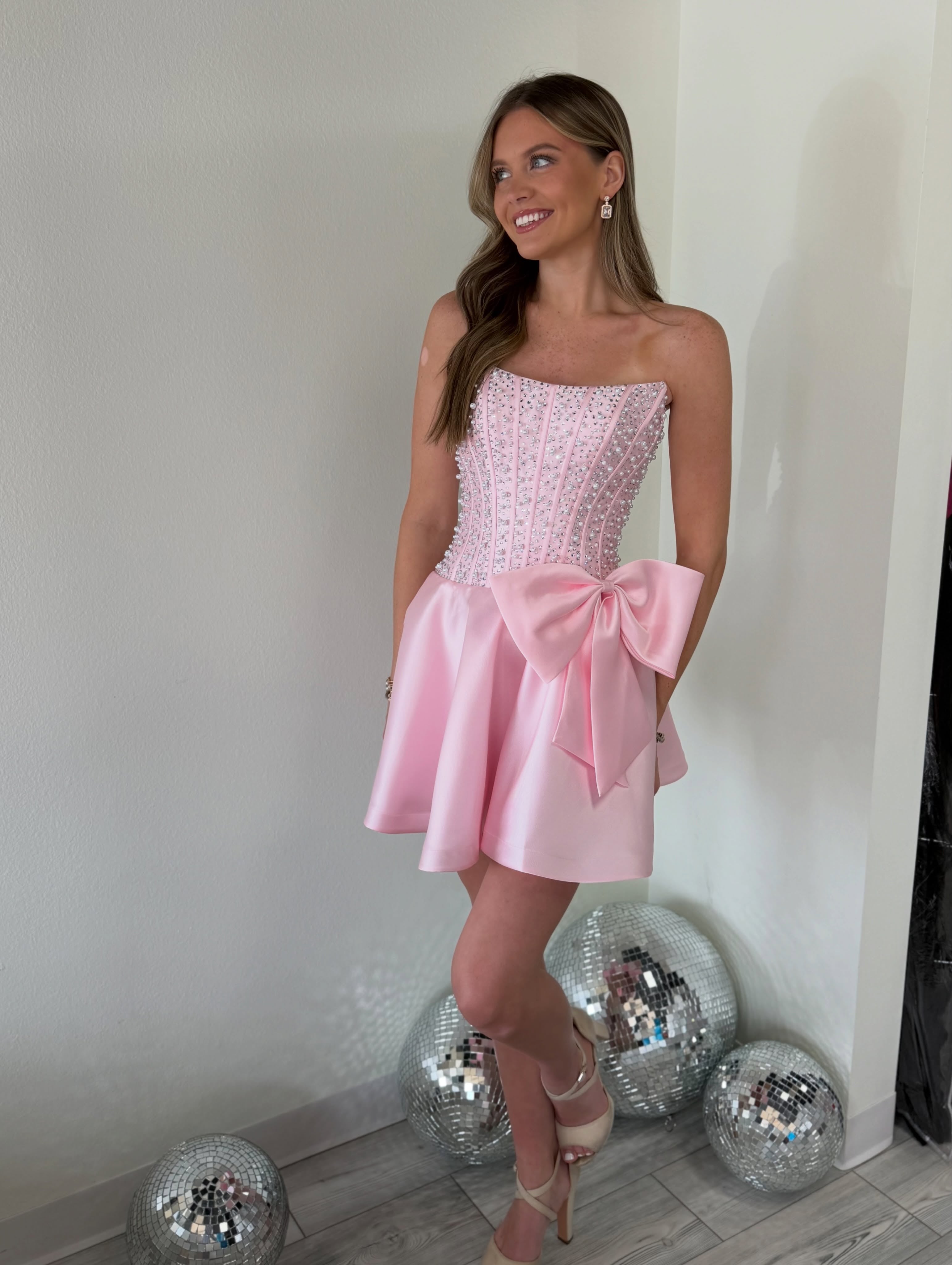 Strapless Pearl Beading Boned Corset Oversized Bow Satin A-Line Homecoming Dress Mini