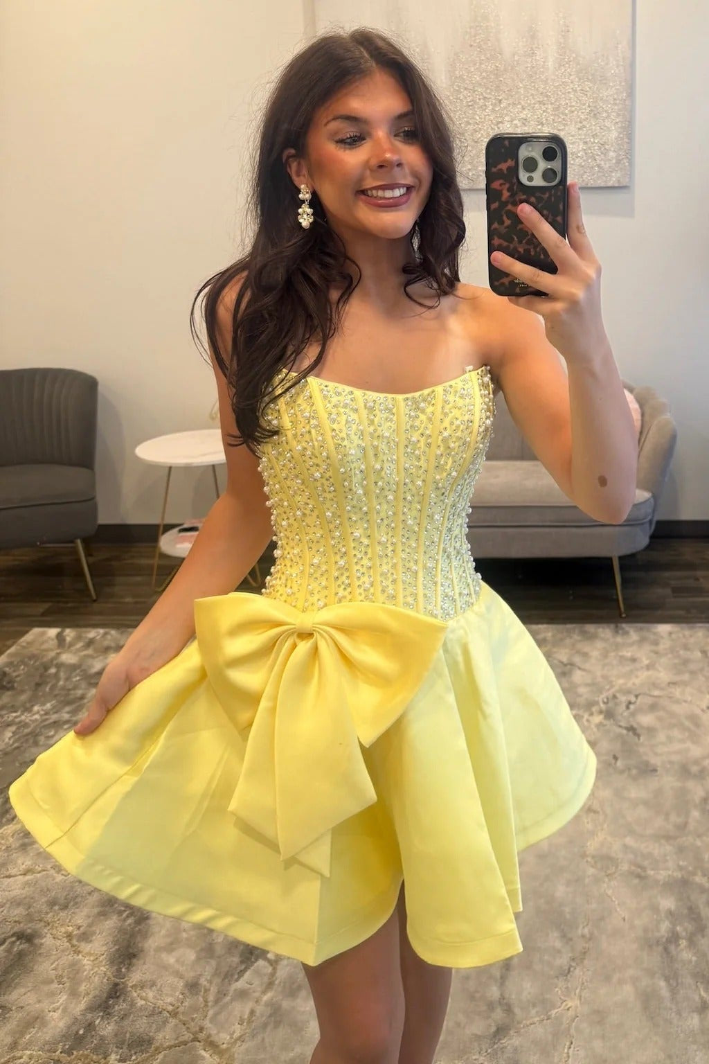 Strapless Pearl Beading Boned Corset Oversized Bow Satin A-Line Homecoming Dress Mini