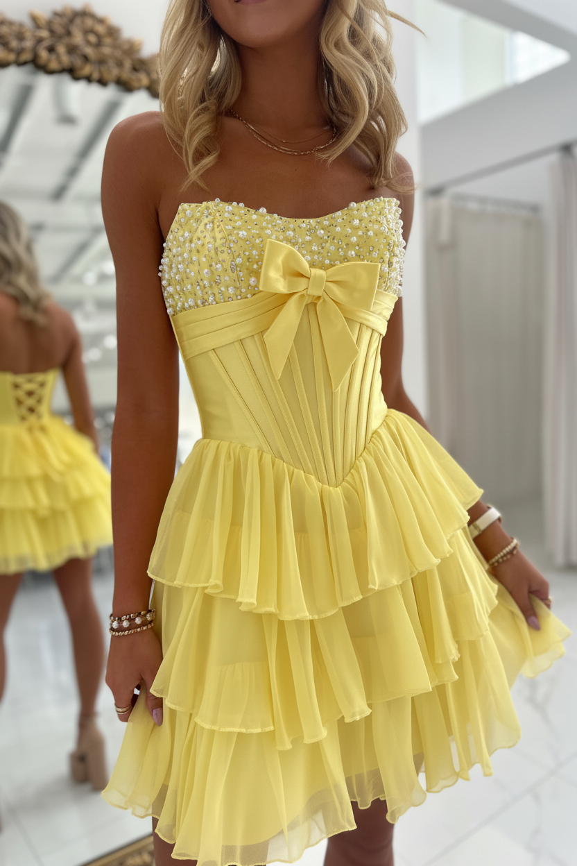 Strapless Pearl Beading Boned Corset Satin Bow Lace-Up Back Three-Tier Ruffle Chiffon A-Line Homecoming Dress Mini