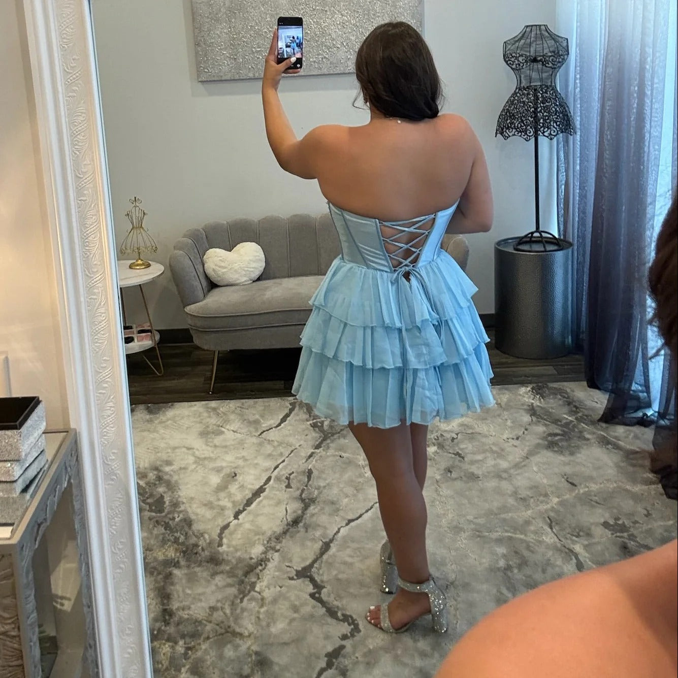 Strapless Pearl Beading Boned Corset Satin Bow Lace-Up Back Three-Tier Ruffle Chiffon A-Line Homecoming Dress Mini
