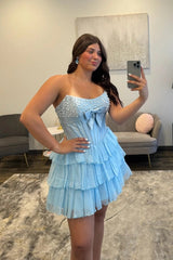 Strapless Pearl Beading Boned Corset Satin Bow Lace-Up Back Three-Tier Ruffle Chiffon A-Line Homecoming Dress Mini